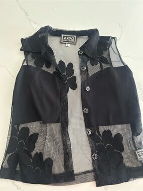Versace Jeans Collection Black Sheer Mesh Button-Up Top